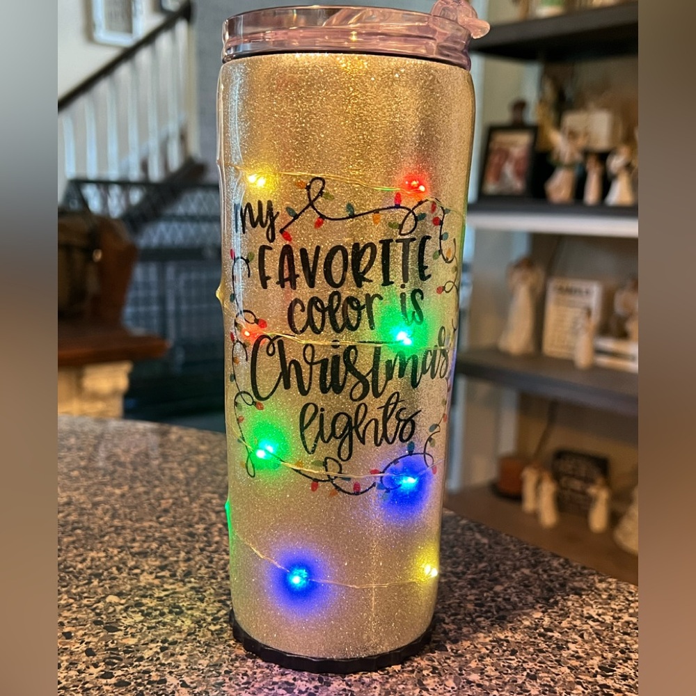 Festive Glitter Tumbler with Christmas Lights Design